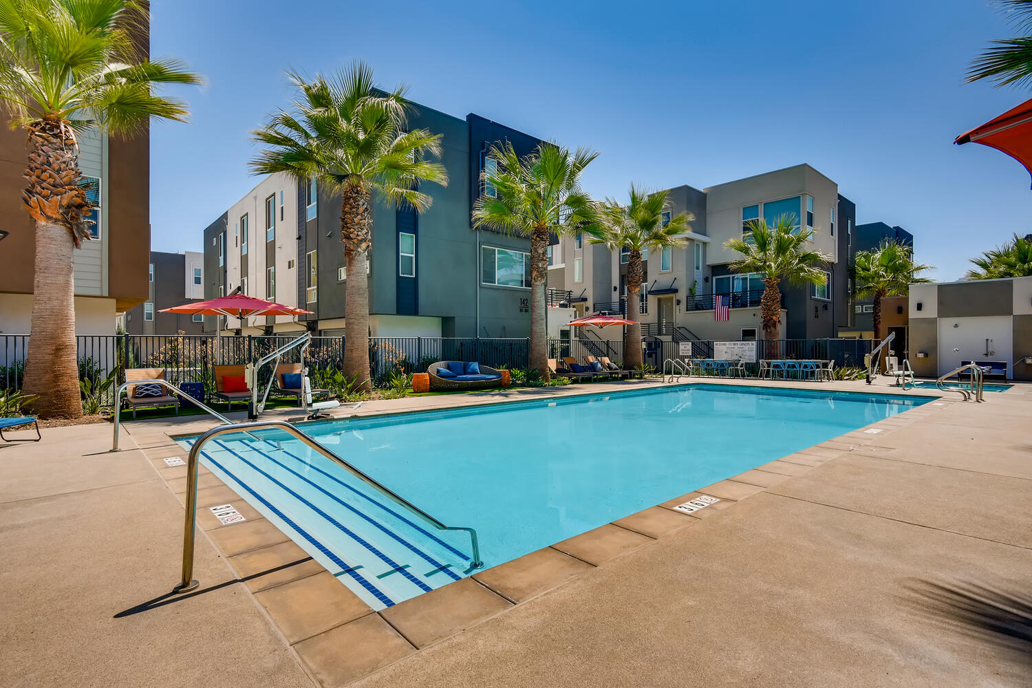 Pool with deck chairs, umbrellas, and palm trees