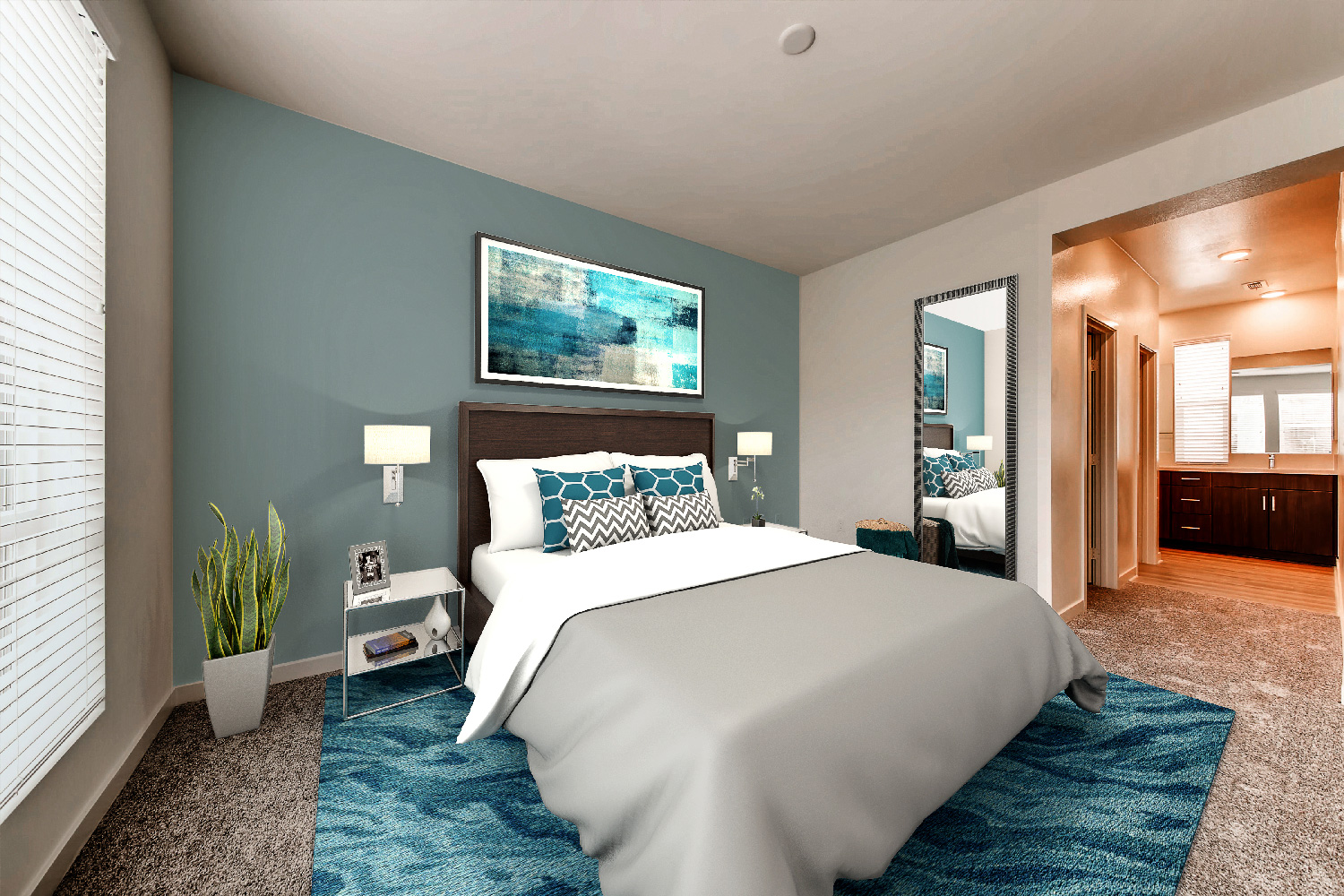 bedroom with a queen size bed, white and grey comforter, blue and white patterned pillows, and a painting above the bed.